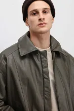 Blouson aviateur oversize en cuir kaki