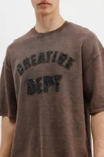 Yıkamalı Yazı Baskılı Oversize Tişört Kahve