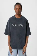 Yıkamalı Düğme Detaylı Oversize Tişört Siyah