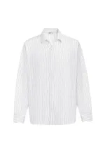 Oversize Çizgili Uzun Kollu Gömlek Beyaz