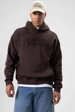 Oversize Baskılı Kapüşonlu Sweatshirt Kahve