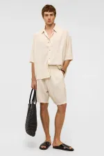 Oversize Çizgili Keten Şort Beyaz