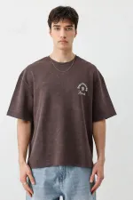 Kısa Kollu Boxy Fit Baskılı Tişört Kahve