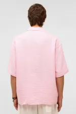 Oversize Kısa Kollu Müslin Kumaş Gömlek Pembe