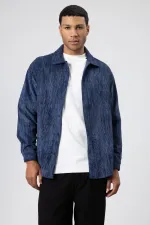 Oversize Dokulu Gömlek Lacivert