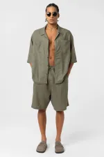 Oversize Keten Şort Haki