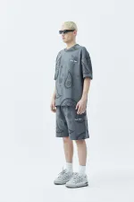 Oversize Desenli Şort Tişört Takım Koyu Füme