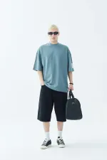 Balıkçı Yaka Etiket Detaylı Oversize Tişört - Açık Füme Füme