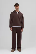 Oversize Zip-Up Stand-Up Collar Sweatshirt, Brown