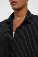 Oversize Çizgili Uzun Kollu Gömlek Siyah