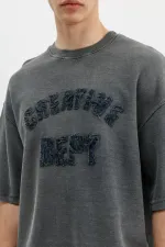 Yıkamalı Yazı Baskılı Oversize Tişört Siyah