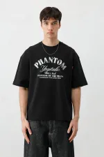 Kısa Kollu Boxy Fit Baskılı Tişört Siyah