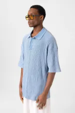 Polo Yaka Oversize Triko Açık Mavi