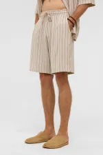 Oversize Çizgili Keten Şort Siyah