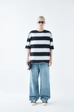 Digitally Printed Striped 100% Cotton Oversize T-Shirt Black