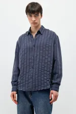 Çizgili Oversize Gömlek Lacivert