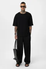 Arka Yazı Baskılı Oversize Triko Tişört Siyah