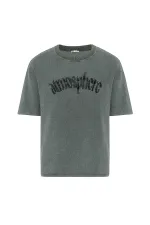 Yıkamalı Oversize Baskılı Tişört Yeşil