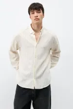 Çizgili Oversize Gömlek Krem