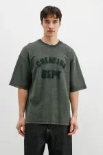 Yıkamalı Yazı Baskılı Oversize Tişört Nefti