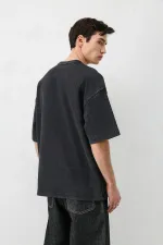 Yıkamalı Baskılı Oversize Tişört Siyah