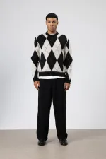 Baklava Desenli Oversize Kazak Siyah