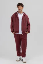 Basic Fermuarlı Oversize Kapüşonlu Sweatshirt Bordo