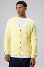 V Yaka Düğmeli Örgü Hırka Kazak Sarı