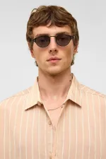 Oversize Çizgili Uzun Kol Gömlek Bej