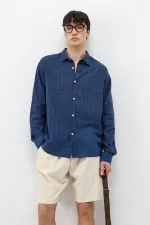 Dokulu Keten Görünümlü Oversize Gömlek Lacivert