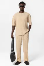 Basic Oversize Crew Neck Ottoman Suit Beige