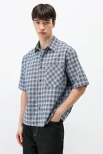 Chemise oversize à manches courtes à carreaux, bleue
