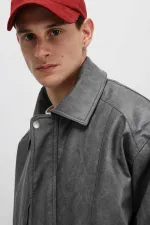 Oversize Deri Bomber Ceket Gri