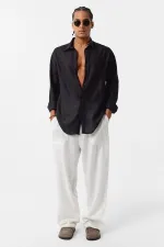 Basic Oversize Uzun Kollu Keten Gömlek Siyah
