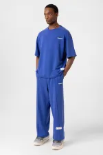 Label Detailed Oversize Modal Fabric Tracksuit Set Navy Blue