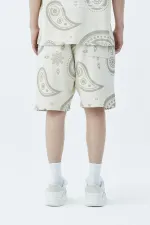 Oversize Desenli Şort Tişört Takım Bej