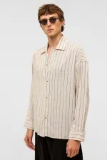 Oversize Uzun Kollu Çizgili Keten Gömlek Siyah