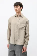 Modal Kumaş Cepli Oversize Gömlek Bej