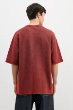 Yıkamalı Yazı Baskılı Oversize Tişört Bordo