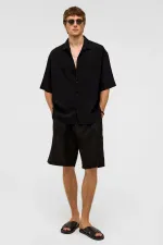 Oversize Striped Short-Sleeved Modal Fabric Shirt, Black