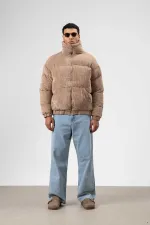 Oversize Kadife Şişme Mont Vizon