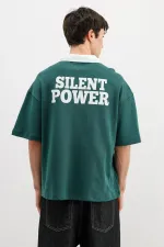 Fermuarlı Yaka Baskılı Oversize Tişört Nefti