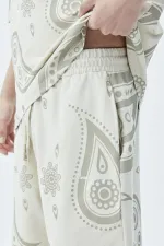 Oversize Desenli Şort Tişört Takım Bej