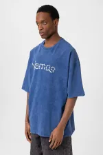 Yıkamalı Düğme Detaylı Oversize Tişört İndigo