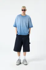 Yıkamalı Crop Tişört Açık Mavi