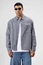 Oversize Kareli Arka Baskılı Uzun Kol Gömlek Gri-Lacivert