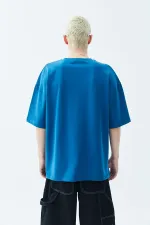 Yıkamalı Cep Detaylı Oversize Tişört İndigo