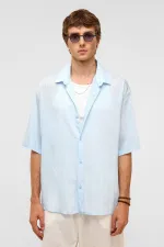 Oversize Çizgili Kısa Kollu Modal Kumaş Gömlek Bebe Mavi