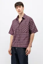Checked Short-Sleeved Oversize Shirt, Burgundy