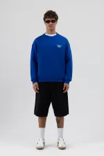 Oversize Bisiklet Yaka Baskılı Sweatshirt Saks